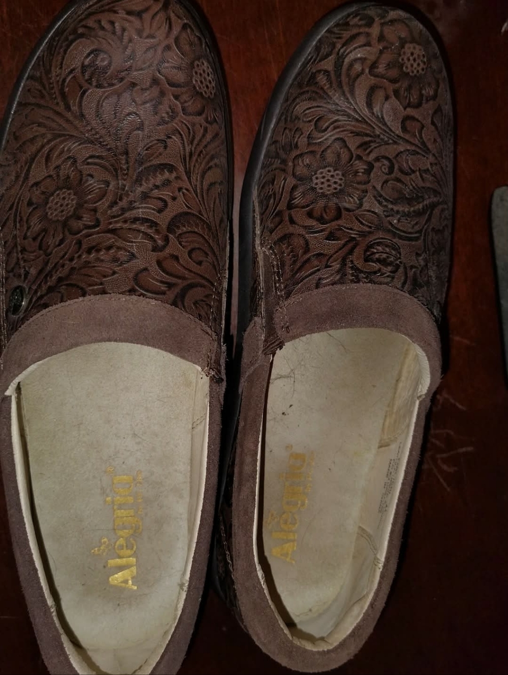 Alegria Women’s Brown Floral Embossed Slip-Ons